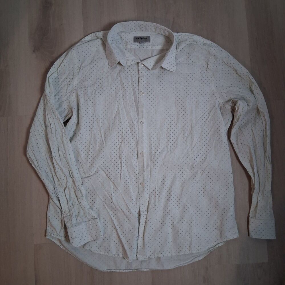 EXPRESS Mens Shirt XL 17-17.5 Slim Fit White Blue Micro Dot Long Sleeve Button